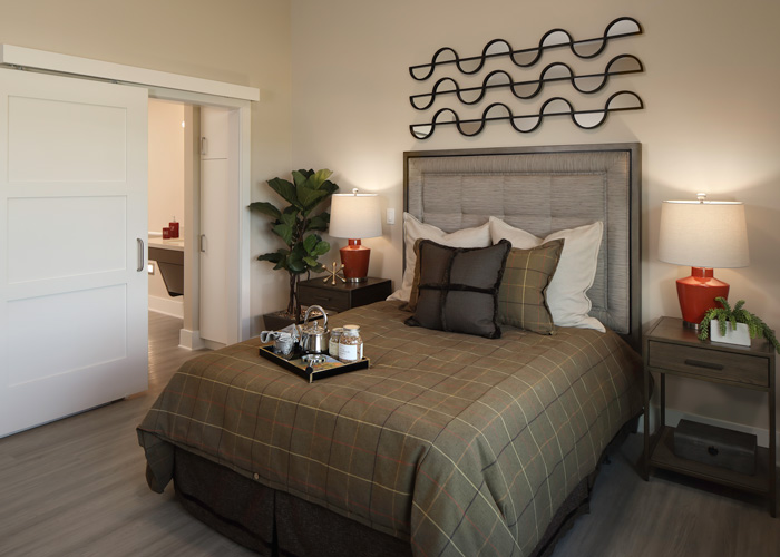 CedarStone Senior Living bedroom featuring a queen bed, stylish wall art, and warm lighting with modern furnishings.